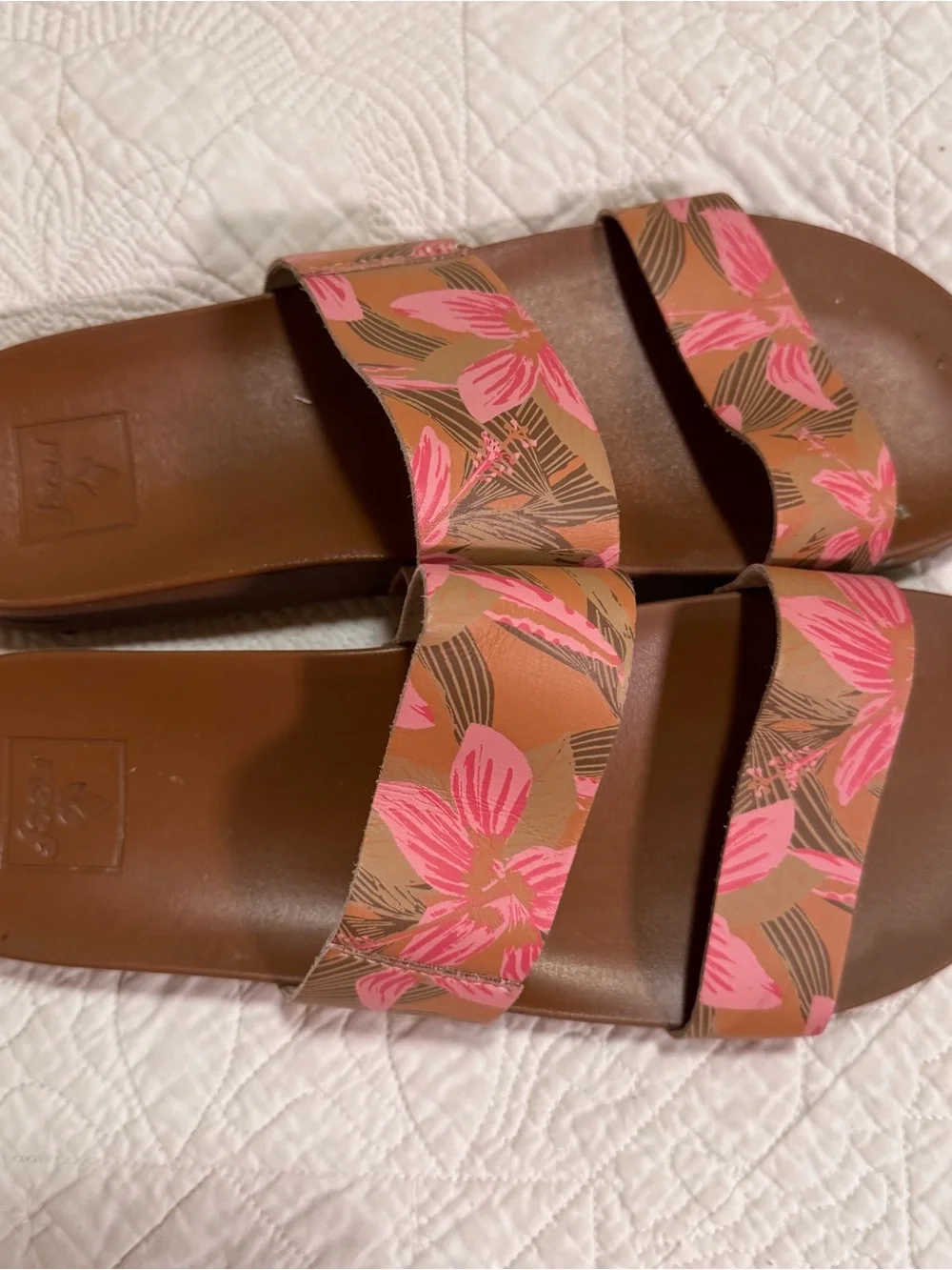 Reef Floral Pink Brown Double-Strap Slide Sandals